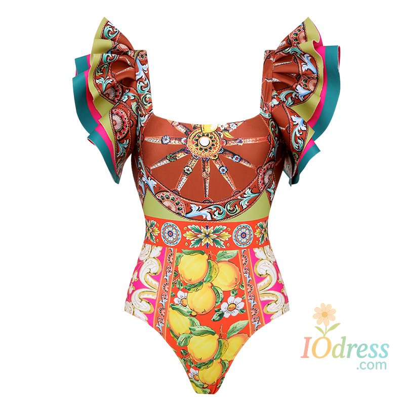IO Dress Ruffled One Piece Swimsuit and Skirt Set for Women, Retro Flower, Lemon Printed, Summer Vacation Beachwear, New Bathing Suit