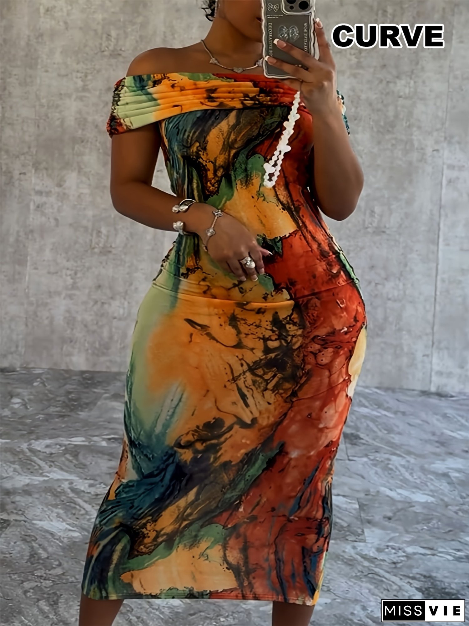 Plus Size Women's Elegant Off-Shoulder/One-Shoulder Dress - Vibrant Abstract Print, Fitted Silhouette, Machine Washable, Spring/Summer Party & Valentine's Day Outfit, Spring Fashion, Trendy Fashion, Durable Construction, Fashion Lovers