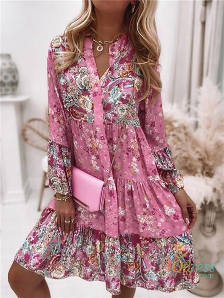 IO Dress Casual Floral Print Dresses For Women 2024 Sping Summer Boho V Neck Loose A Line Dress Elegant Beach Party Dress Robe Femme IO Dress