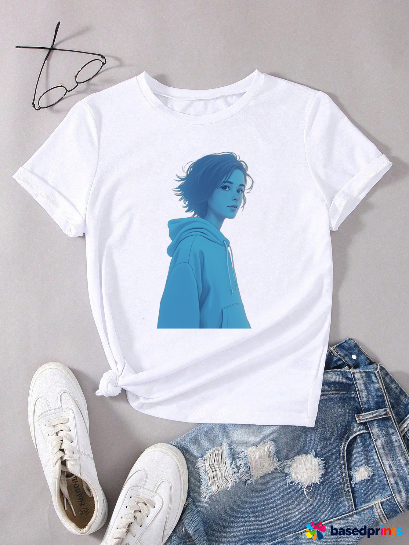 White Short Sleeve T-Shirt with Blue Hoodie Print