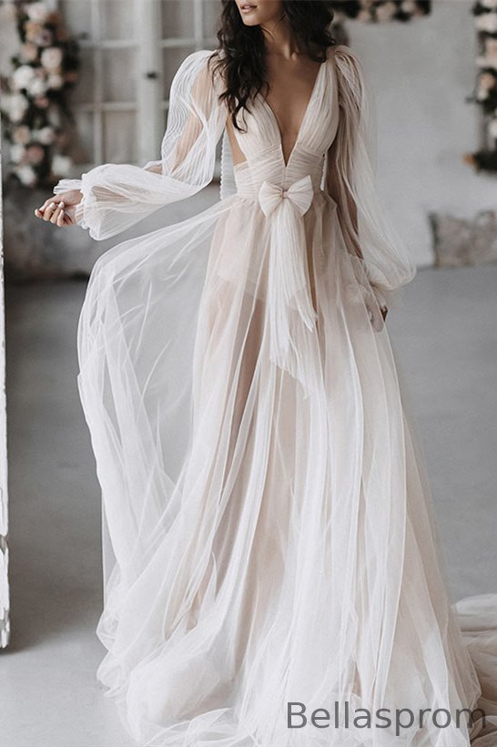 Bellasprom V-Neck Long Sleeves Tulle Wedding Dress Open Back Bellasprom