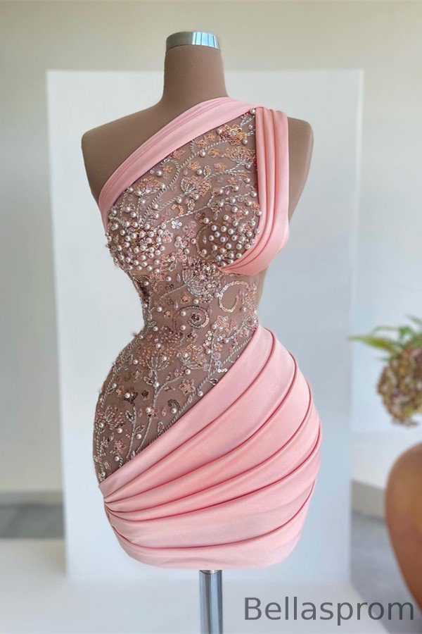 Bellasprom Pink One Shoulder Short Formal Wears With Pearls Beaded Bellasprom