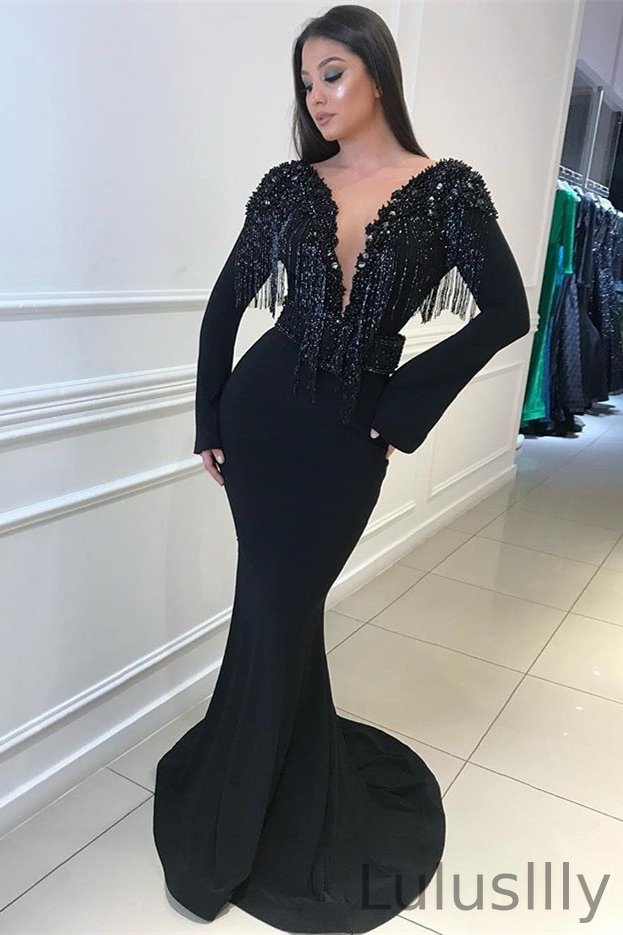 Gorgeous Black V-Neck Long Sleeves Mermaid Prom Dress Open Back With Tassels - lulusllly