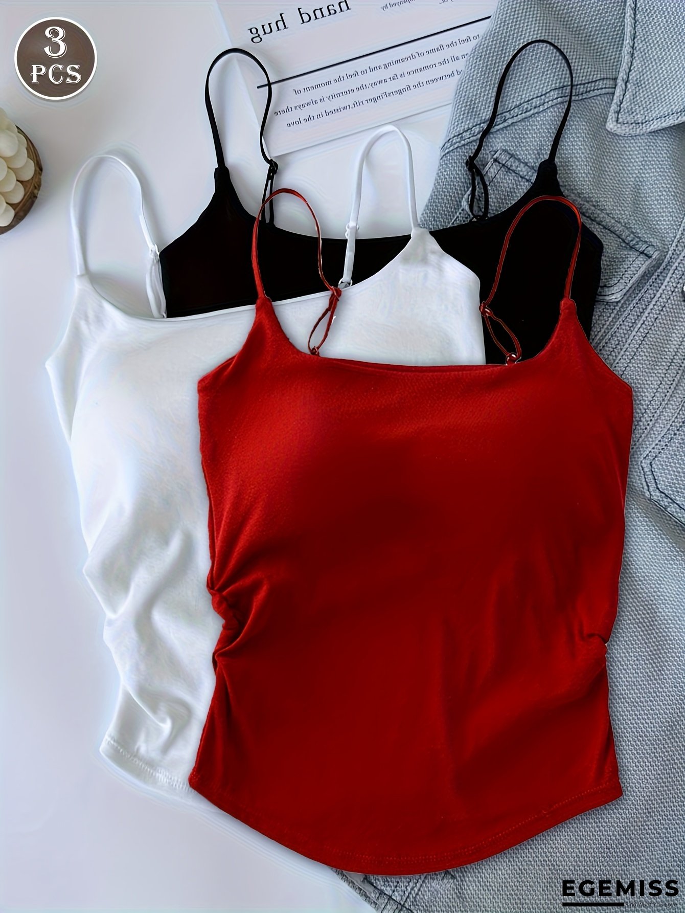 3pcs Women&lsquo;s Short Sleeveless Camisoles - Stretchy Polyester Blend with Built-In Bra Pads, Ruffled Details, Casual Summer Tops in White/Black/Red, Machine Washable | EGEMISS