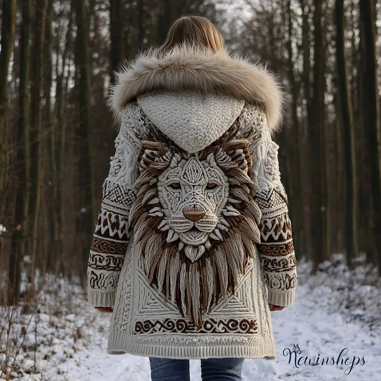 Women's Tribal Celtic Festival Lion Knit Jacquard Fur Collar Zipper Sweater