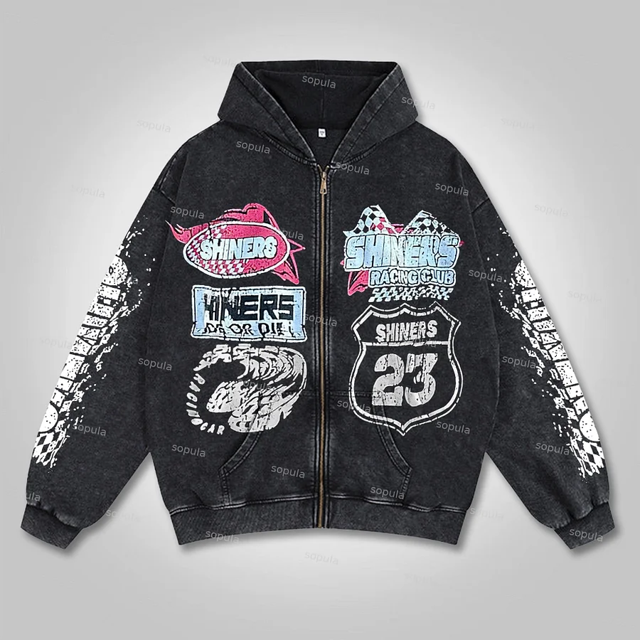 Sopula Vintage Heavyweight Motorcycle Graphic Acid Washed Oversized Zip-Up Hoodie