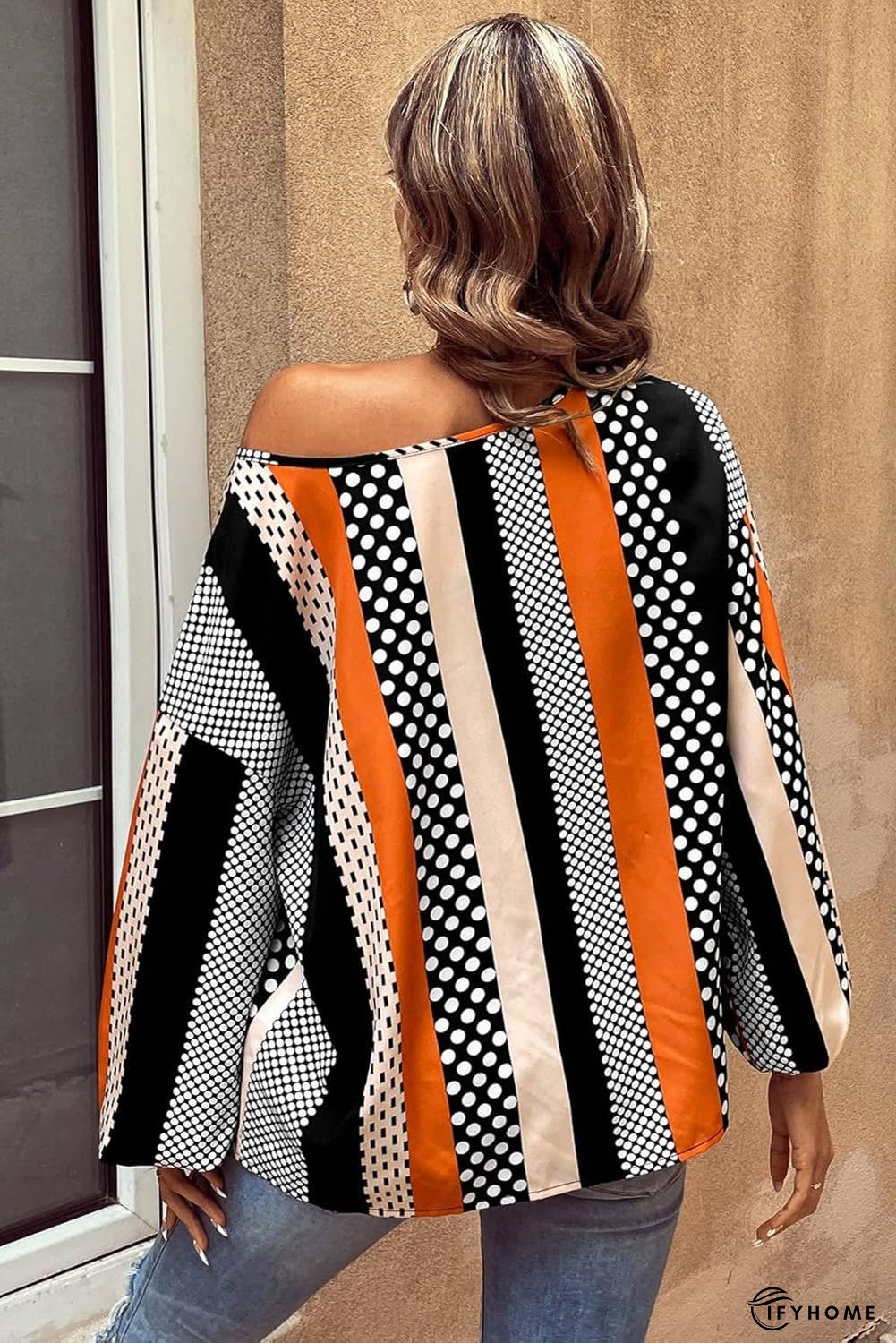 Polka Dot Vertical Striped Printed Puff Sleeve Blouse | IFYHOME