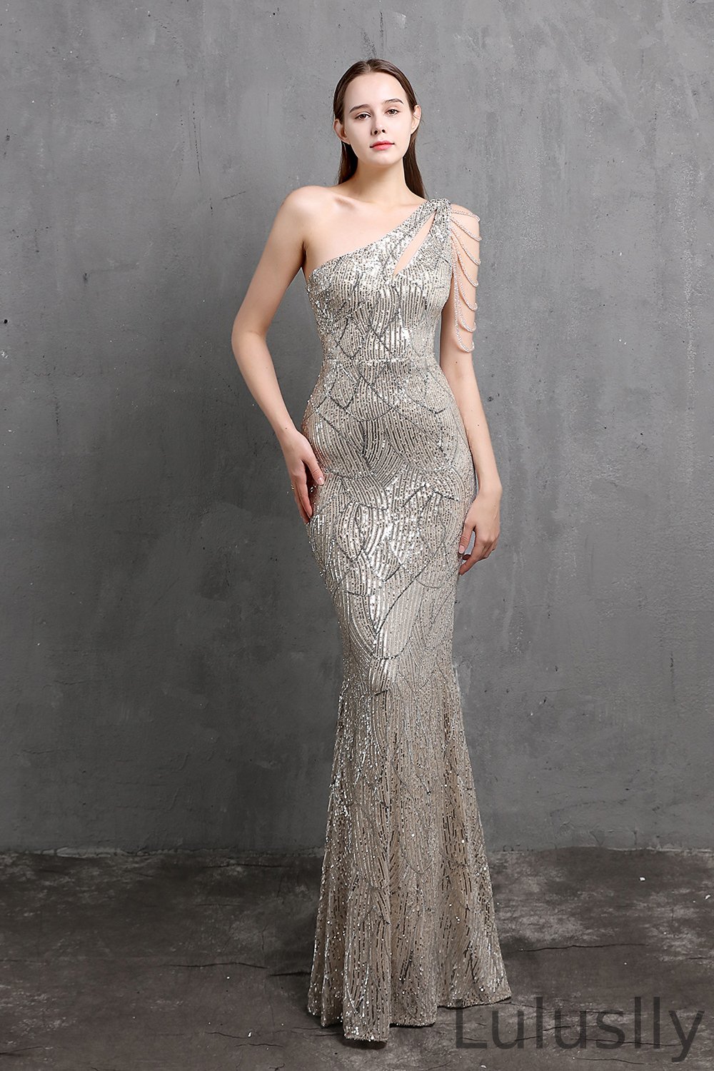 Luluslly One Shoulder Sequins Long Evening Dress Mermaid Zipper Back