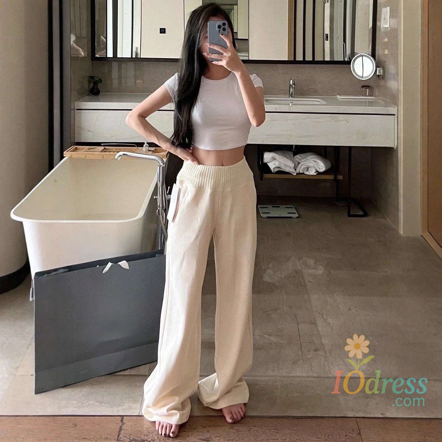 IO Dress Women High Waist Knit Patchwork Fleece Lined Wide Leg Stacking Pants Elegant Slim Fit Winter Trousers Old Money Style Warm