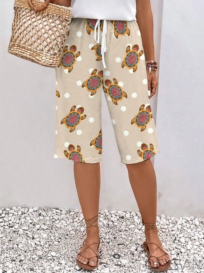 Women's Turtle Pattern Design Lace-Up Loose With Elastic Waist Casual Pants