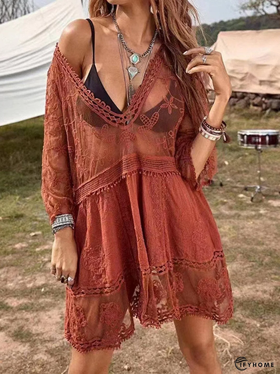 Lace Detail Plunge Cover-Up Dress | IFYHOME