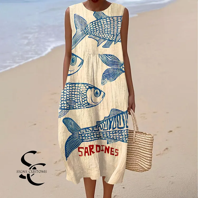 Women's Vintage Fish Sardines Art Print Sleeveless Cotton Pocket Wrap Dress