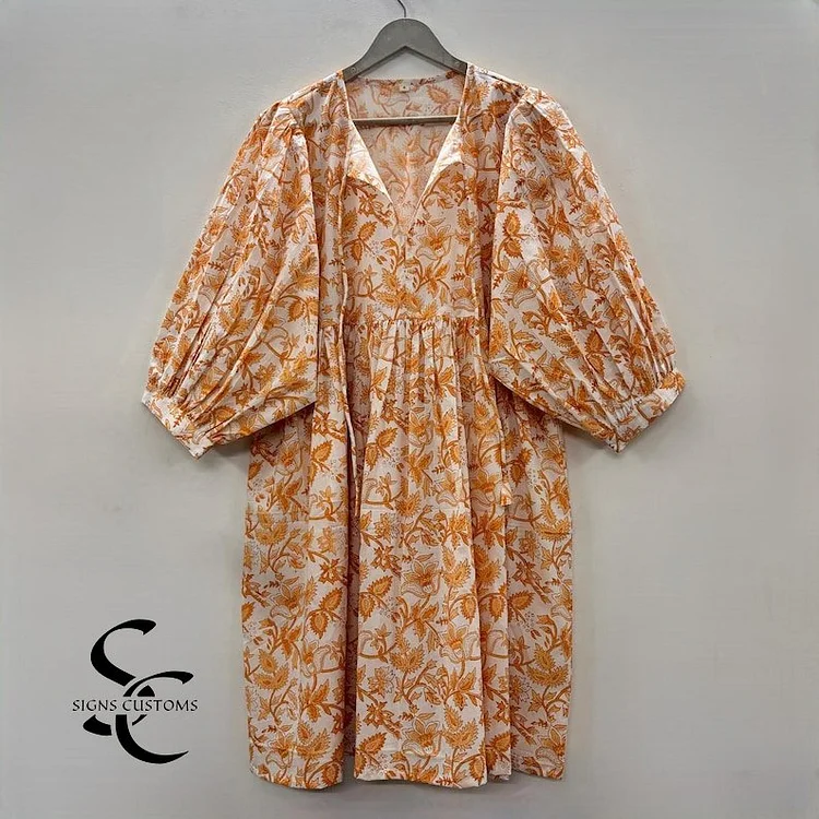 Floral Block Print Soft Cotton Summer Woman Midi Dress &ndash; Tunic for Women with String Closure