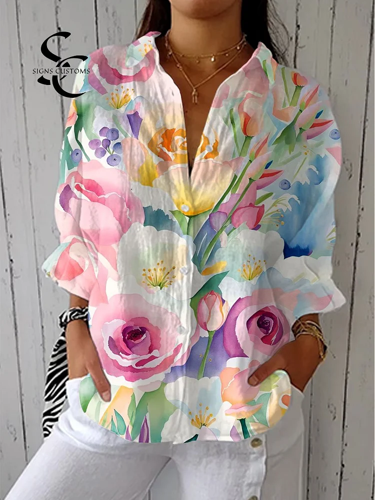 Women's  Vintage Floral Art Print Casual Linen V-neck Shirt