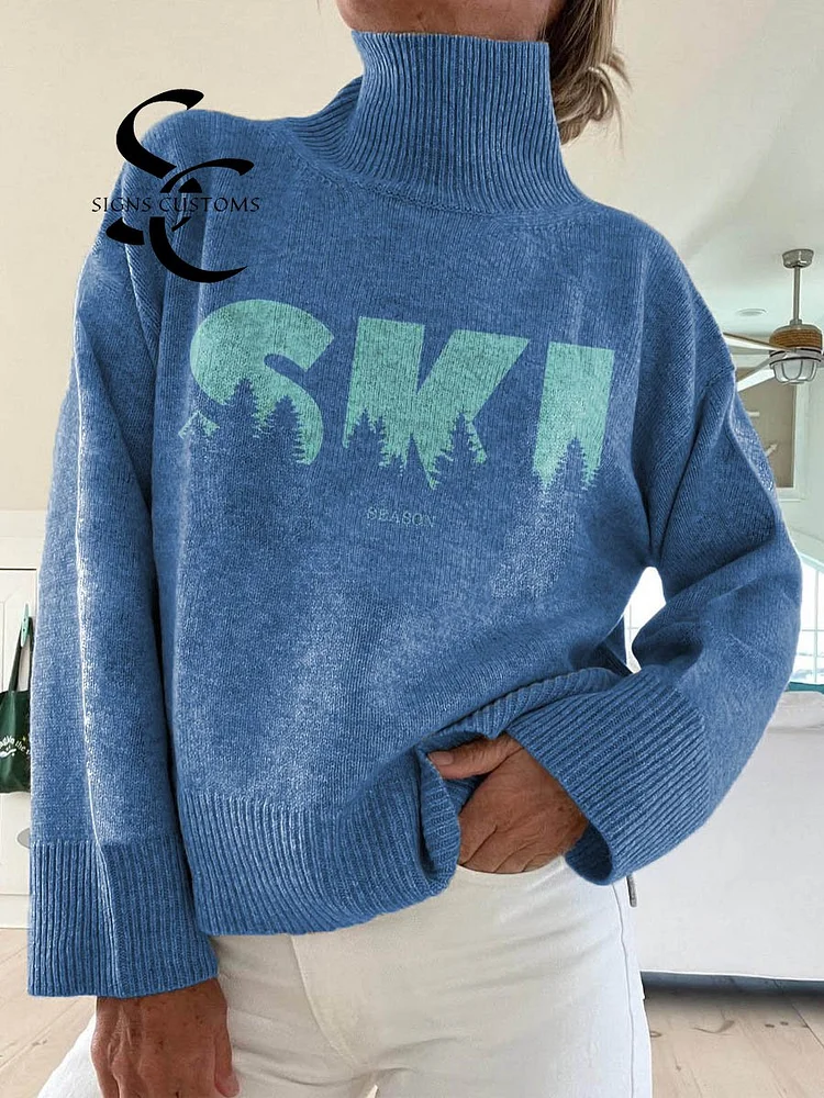 Women's Ski Season Pattern Art Print Knit Turtleneck Pullover Sweater