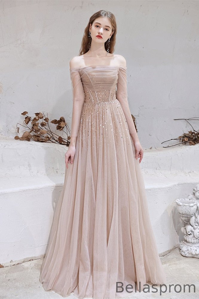 Bellasprom Off-the-Shoulder Tulle Sheer Long Sleeves Prom Dress With Sequins Bellasprom