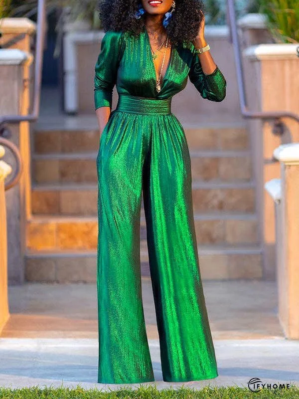 High Waisted Three-Quarter Sleeves Pleated Solid Color Deep V-Neck Jumpsuits | IFYHOME