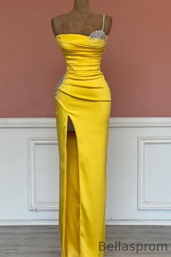 Bellasprom Yellow One Shoulder Mermaid Prom Dress Beadings With Split Bellasprom