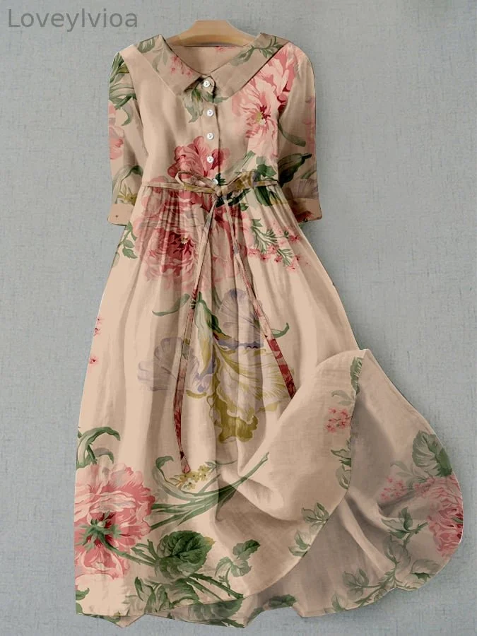 Women's Vintage Botanical Floral Print Lace-Up Pocket Dress