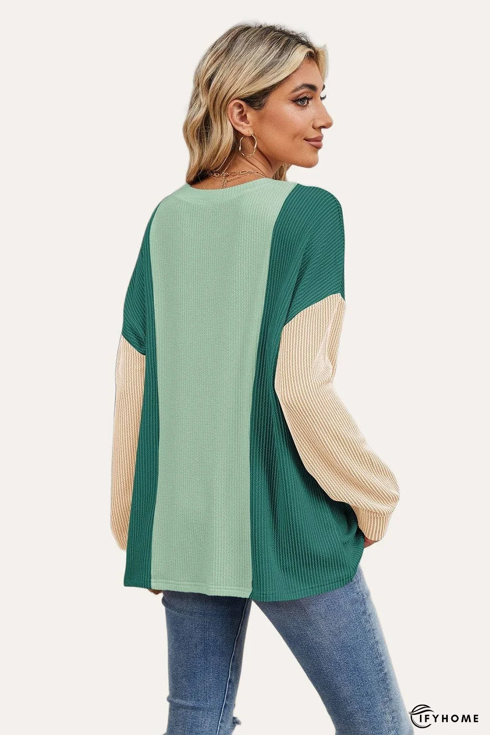Double Take Texture Contrast Round Neck Long Sleeve T-Shirt | IFYHOME