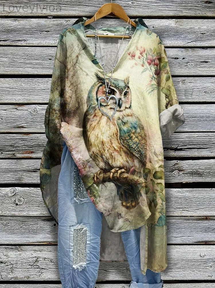 Women's Vintage Owl Flower Pattern Print Casual Cotton And Linen Shirtdress