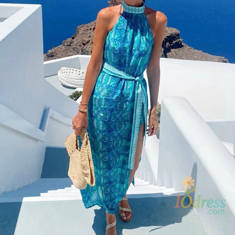 IO Dress Lady Casual Hollow Out Sleeveless Satin Long Dress Sexy Off Shoulder High Waist Party Dress Bohemian Print Beach Vacation Dress