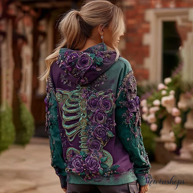 Vintage Floral Anatomy Chunky And Skeleton Casual Hooded