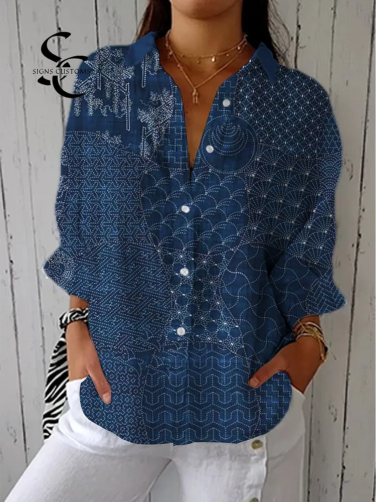 Women's Vintage Abstract Pattern Art Print Casual Cotton Linen V-neck Shirt