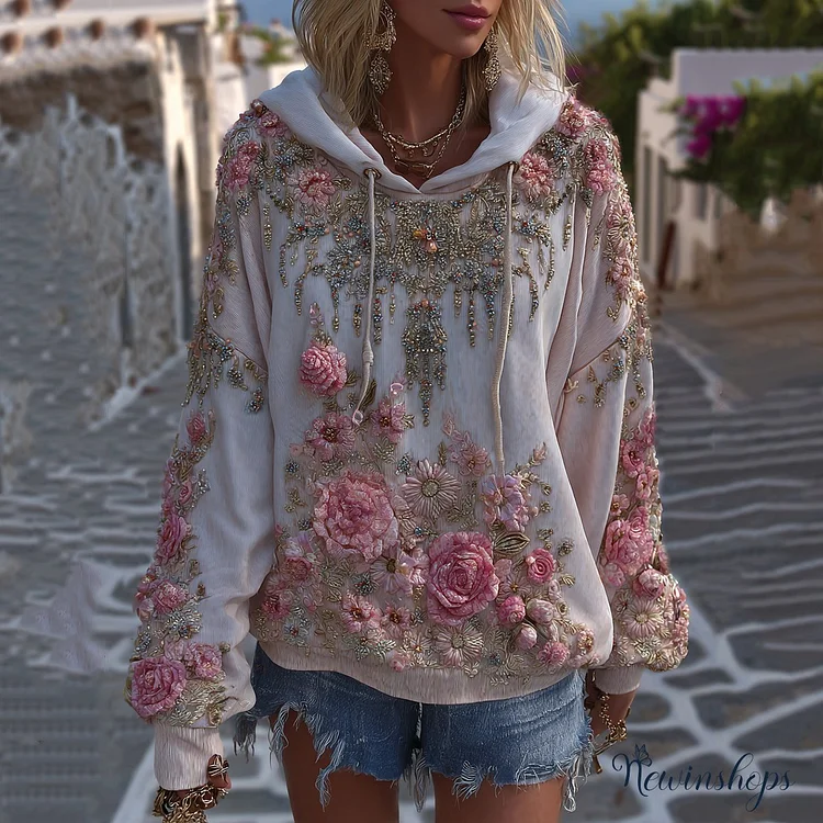 Women's Vintage Cute Floral Embroidery Art Comfy Hoodie