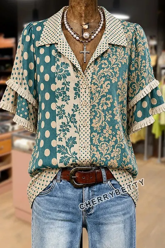 Vintage Floral Print Double Ruffle Sleeve Velvet Top