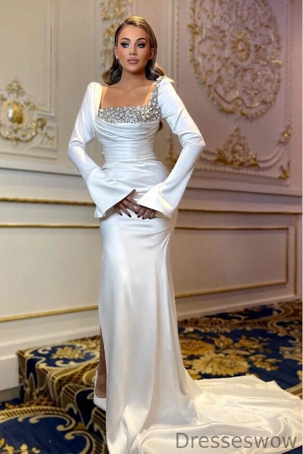 Dresseswow Long Sleeves Square Evening Dress Mermaid Slit With Beads Pearls
