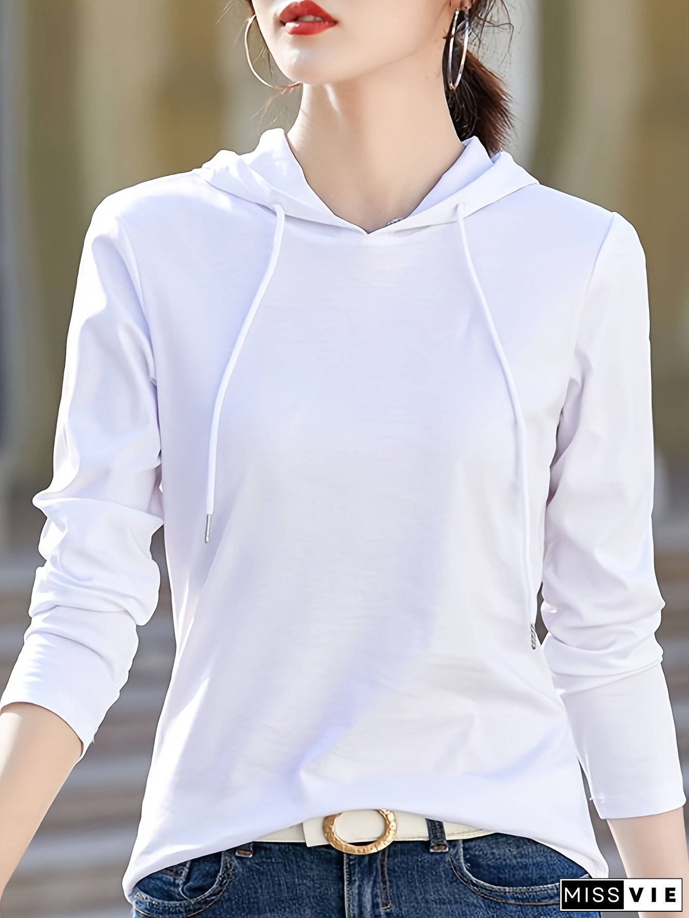 Women&lsquo;s Soft Pink Hooded Long Sleeve T-Shirt - Relaxed Fit Pullover Top with Drawstring Hood, Everyday Casual & Office Wear for Spring/Fall Transitional Weather - Non-See-Through Fabric, Spring Fall Apparel, Comfortable Knitwear, Commuting Outfit