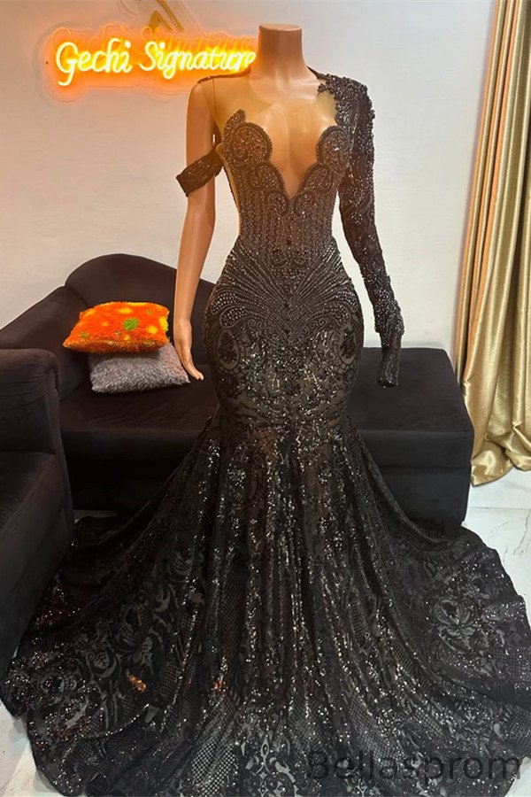 Bellasprom Black One Shoulder Long Sleeve Prom Dress Mermaid Sequins With Beadings Bellasprom