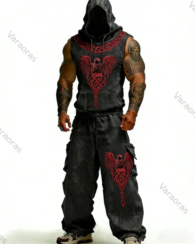 Men's Summer Outdoor Fashion: Viking Raven Embroidered Sleeveless Hoodie + Trousers Two-Piece Set 4616