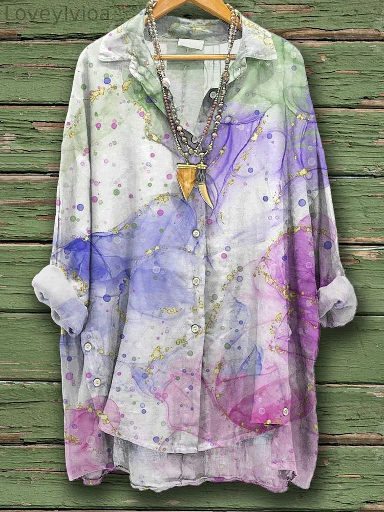 Women's Abstract Print Casual Cotton And Linen Shirt