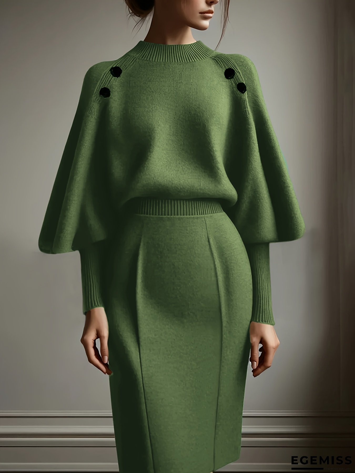 [New Arrival 2-Piece Set] New Arrival Women's Elegant Solid Color Lamb Sleeve Top and A-Line Skirt Fabric Two-Piece Set | EGEMISS