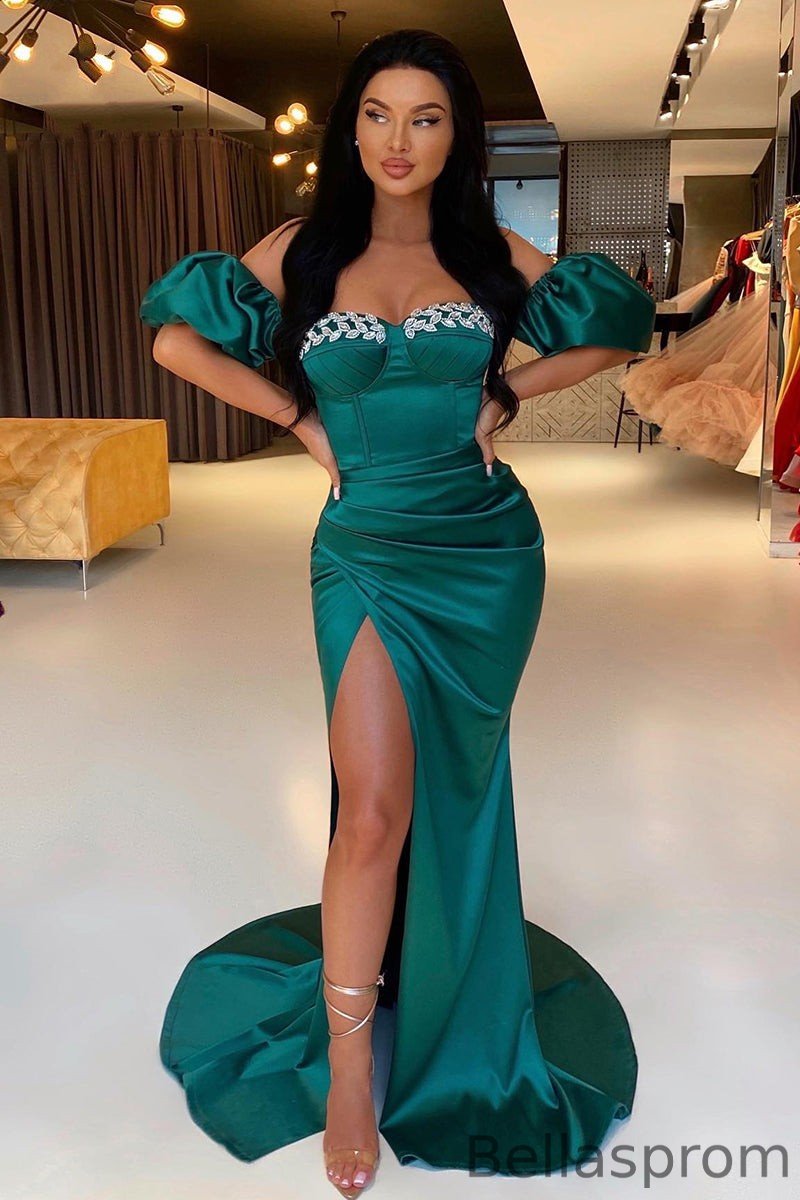Bellasprom Dark Green Sweetheart Prom Dress Mermaid Slit Long With Detachable Sleeves Bellasprom