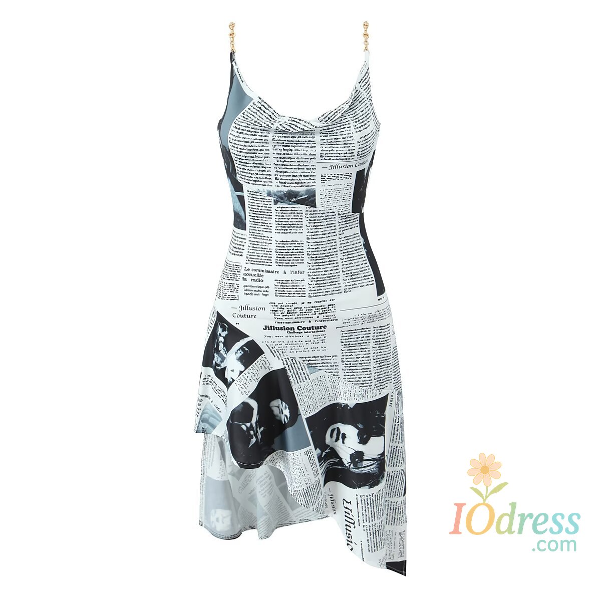 IO Dress YENKYE New Women Newspaper Letter Print Irregular Hem Sling Dresses Fashion Backless Thin Straps With Chain Summer Sexy Dress