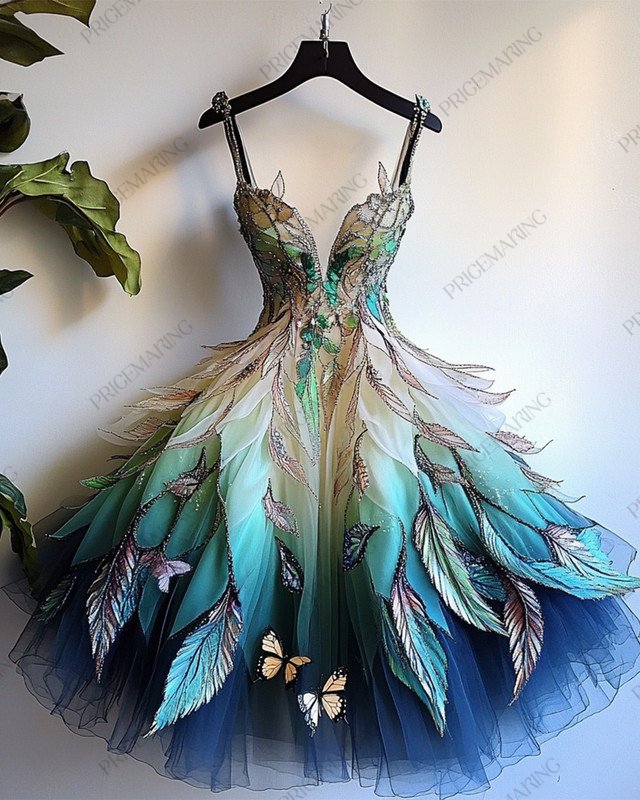 Summer fashion trendy feather theme print irregular multi-layer dress daac