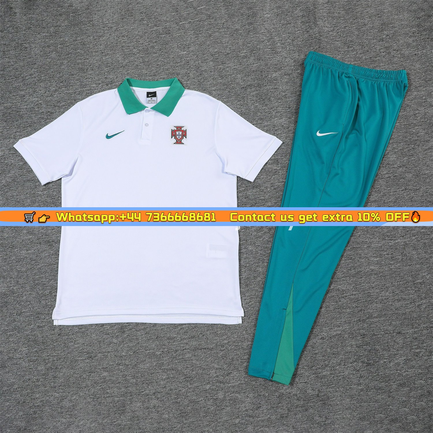 Portugal 25-26 POLO Short-Sleeve Training Set - White Top and Blue Pants