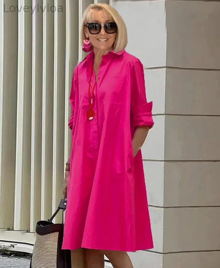Spring-Summer New Type Fashion Temperament Shirt Collar Long Sleeve Pocket Mid-Length Dress