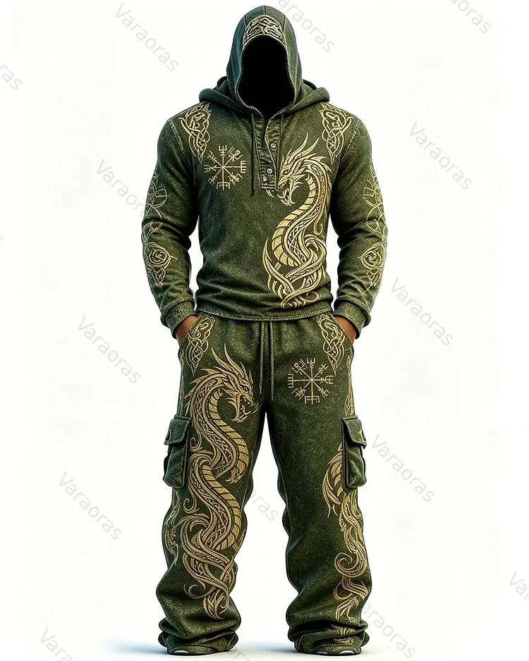 Men's Fashion Viking Contrast Color Dragon Embroidered Hoodie & Pants Two-Piece Set 7848