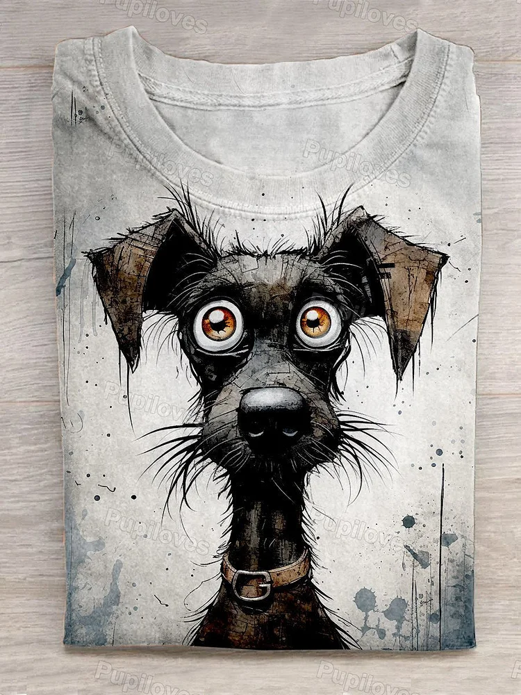 Pupiloves Pupiloves  Funny Cute Ink And Watercolor Retro Dog Animal Art Print Design T-Shirt