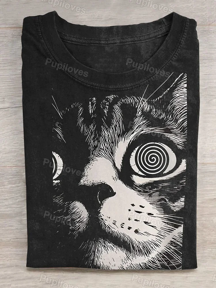 Pupiloves Pupiloves  Funny PSYCHEDELIC Cat Art Casual Print T-Shirt