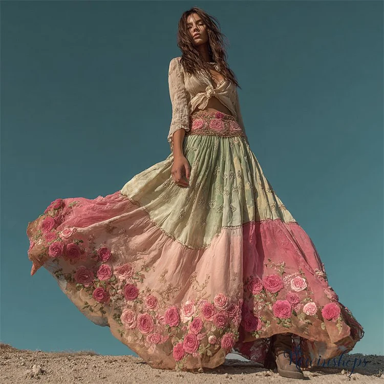 Vintage Pink Rose Embroidered Patchwork Flowy Linen Wide Skirt