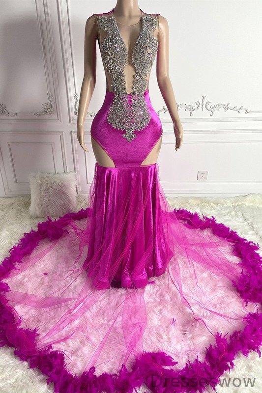 Dresseswow Fuchsia Scoop Sleeveless Mermaid Formal Dresses With Beadings Feathers Open Back