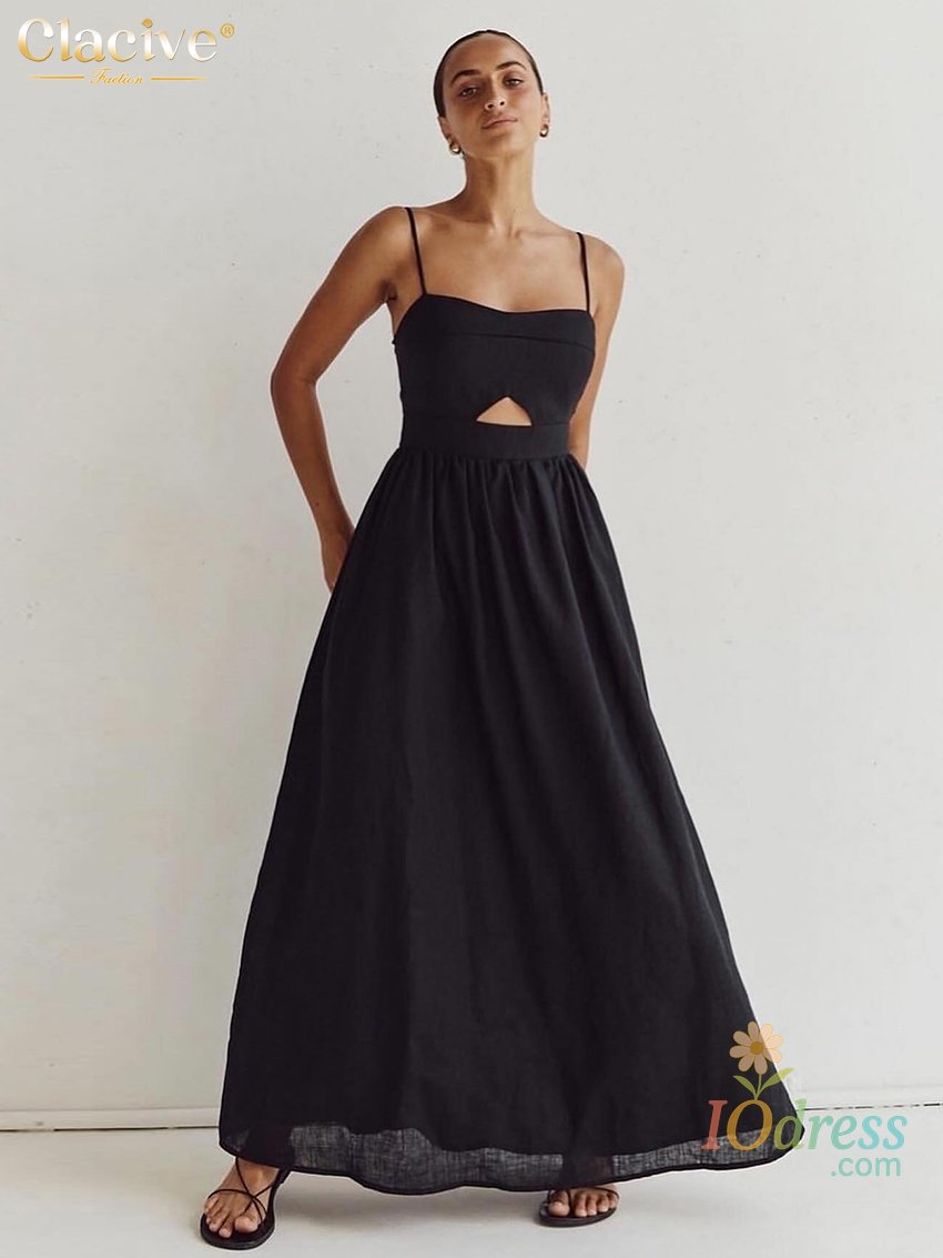 IO Dress Clacive Sexy Loose Black Cotton Womens Dresses 2024 Summer Strap Sleeveless Ankle Length Dress Elegant Hollow Out Female Dress IO Dress