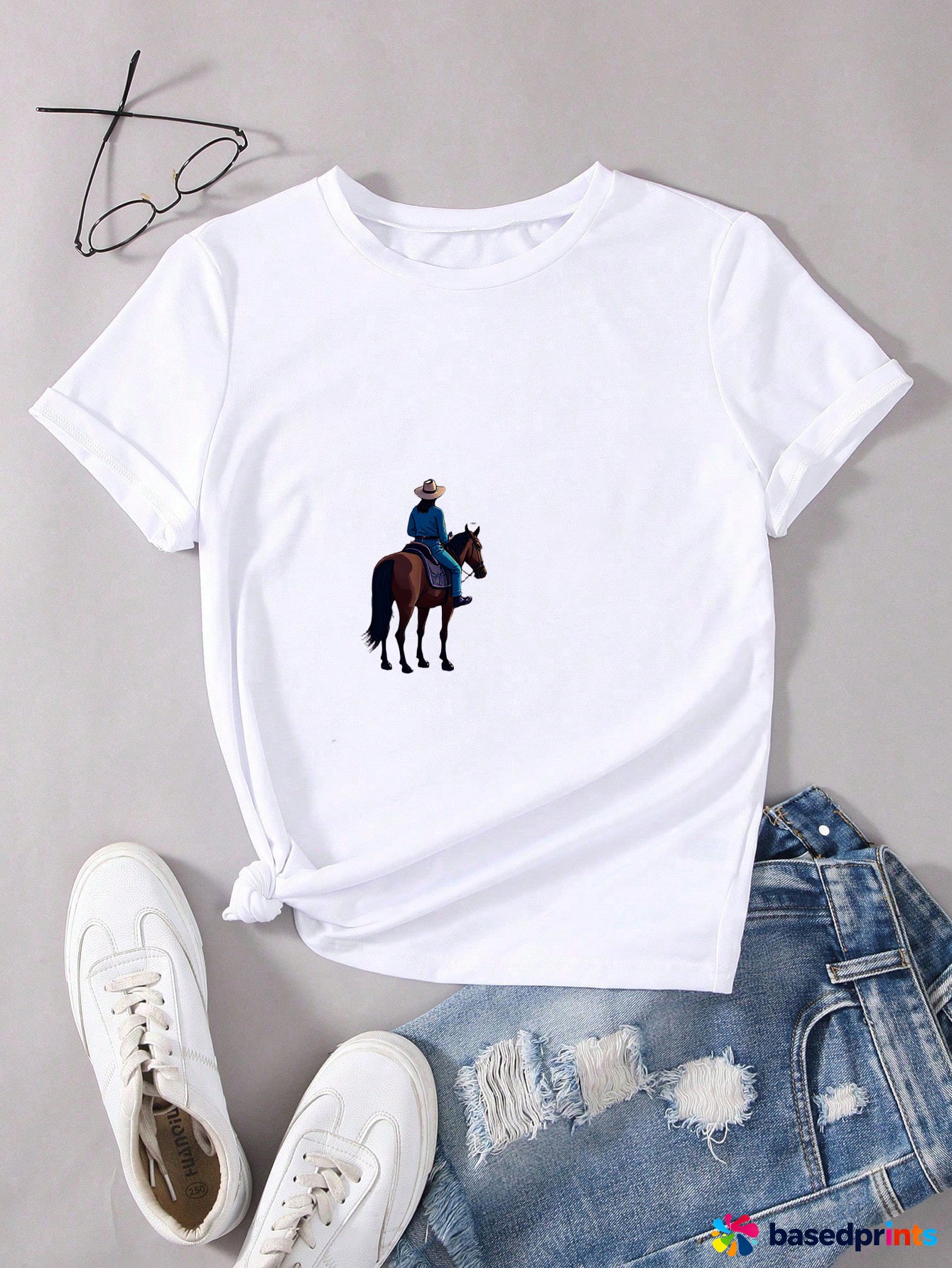 White Short Sleeve Cowgirl Print T-Shirt Women Casual Summer Tops