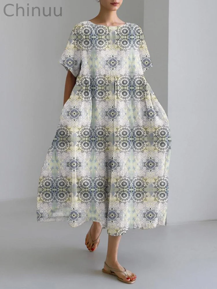 Bohemian Ethnic Floral Pattern Women's Linen Maxi Dress