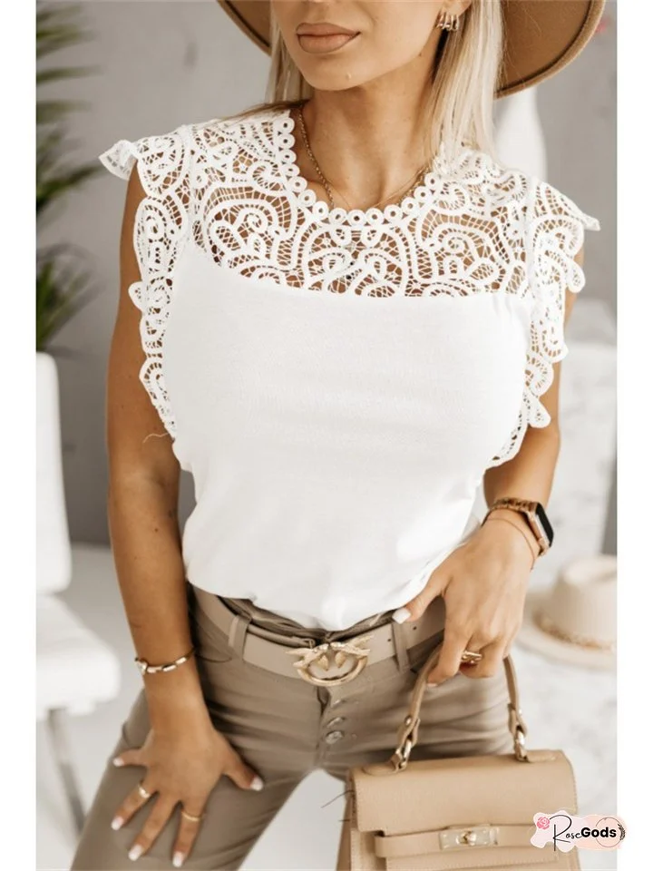 New Lady Sweet Lace Lace Shoulder Ruffle Collar Solid Color Slim Type Sexy Style Hollow Sleeveless Lace Pullover T-shirt